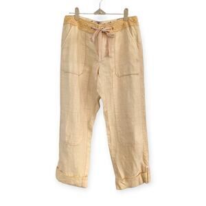 Anthropologie HEI HEI Roll Lace Linen Pant Sz 27 Pale Golden Yellow Cropped